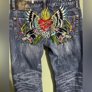 Rare Limited Edition Christian Audigier Embroidered Jeans 40 X 32 Heart Breaker